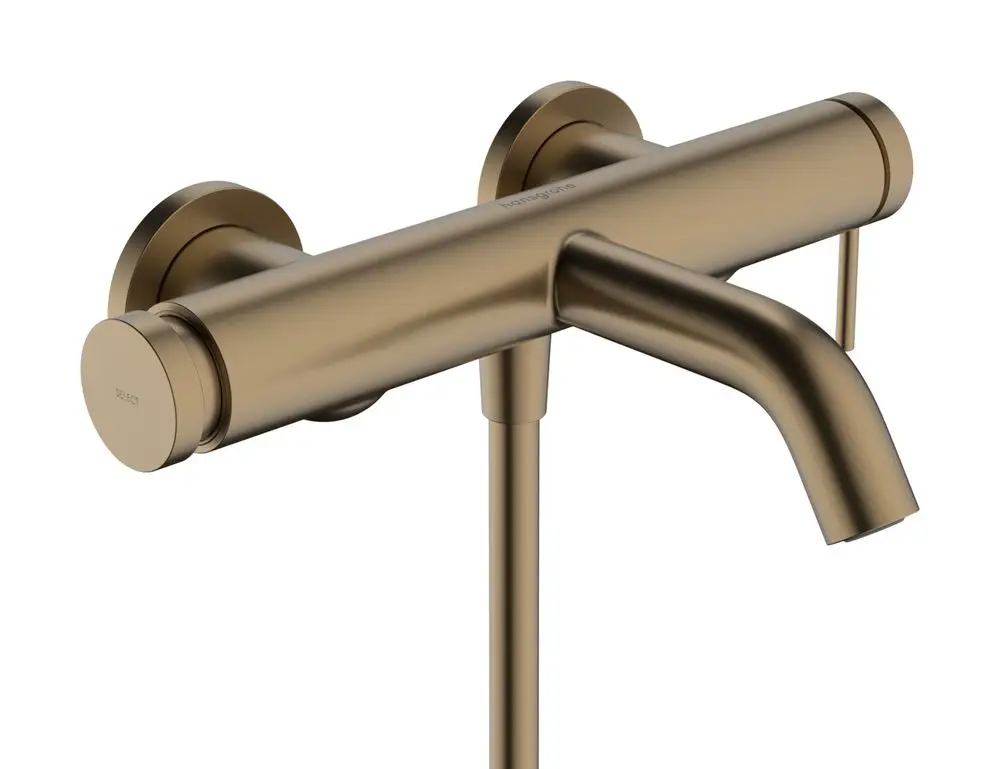 Einhebel-Wannenmischer in Brushed Bronze mit zwei Bedienelementen und einem Auslauf, montiert an einer Wand. Produkt von Hansgrohe.